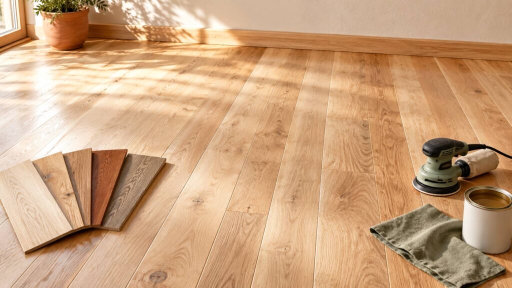 Parquet massif ponce avec echantillons de bois, ponceuse orbitale et chiffon