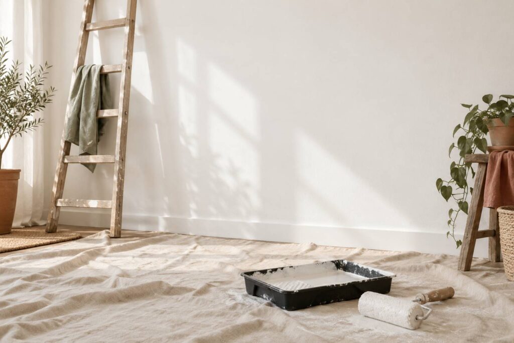 Mur blanc fraichement repeint avec rouleau et echelle