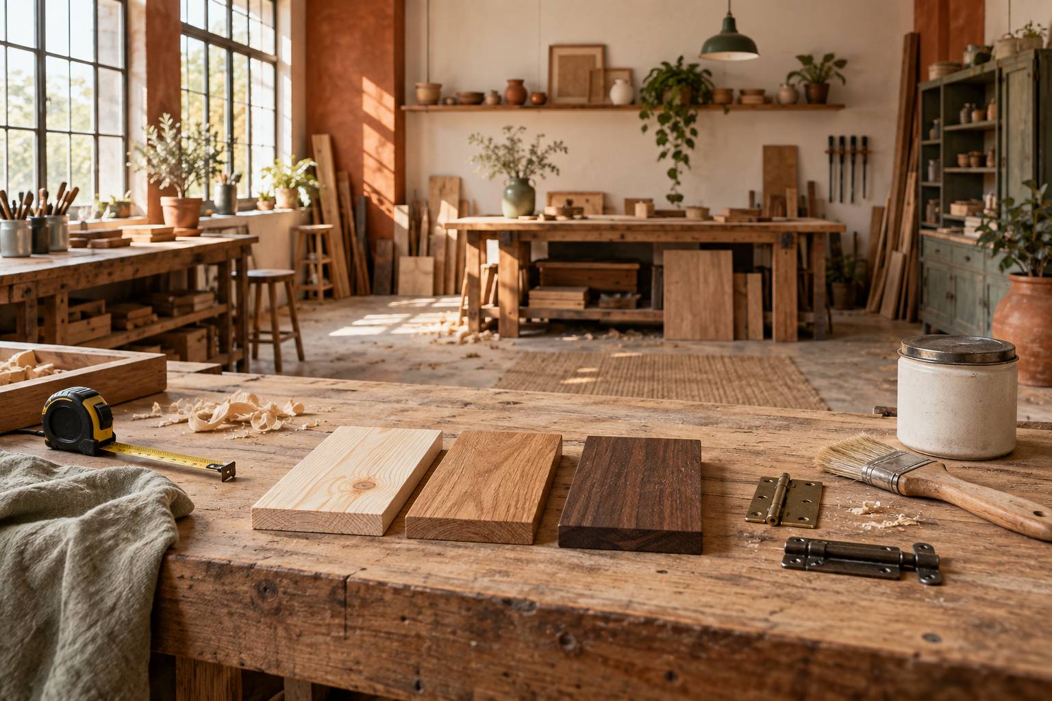 Échantillons de bois, charnières et outils de finition sur un établi