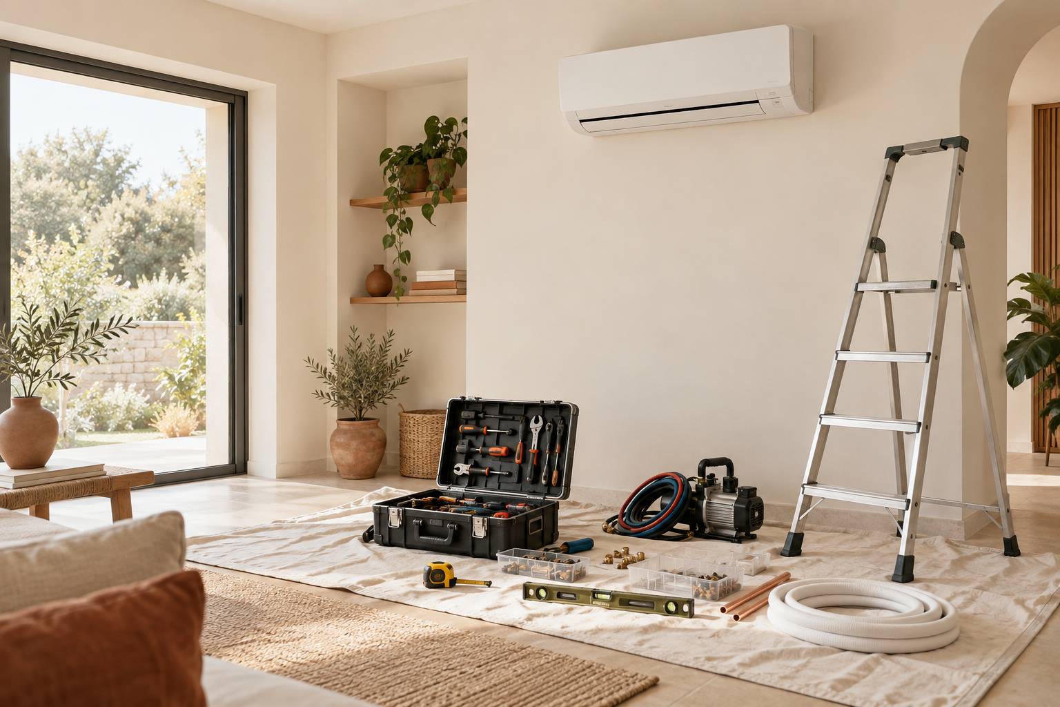 Chantier de pose avec unité de climatisation murale et outils de frigoriste