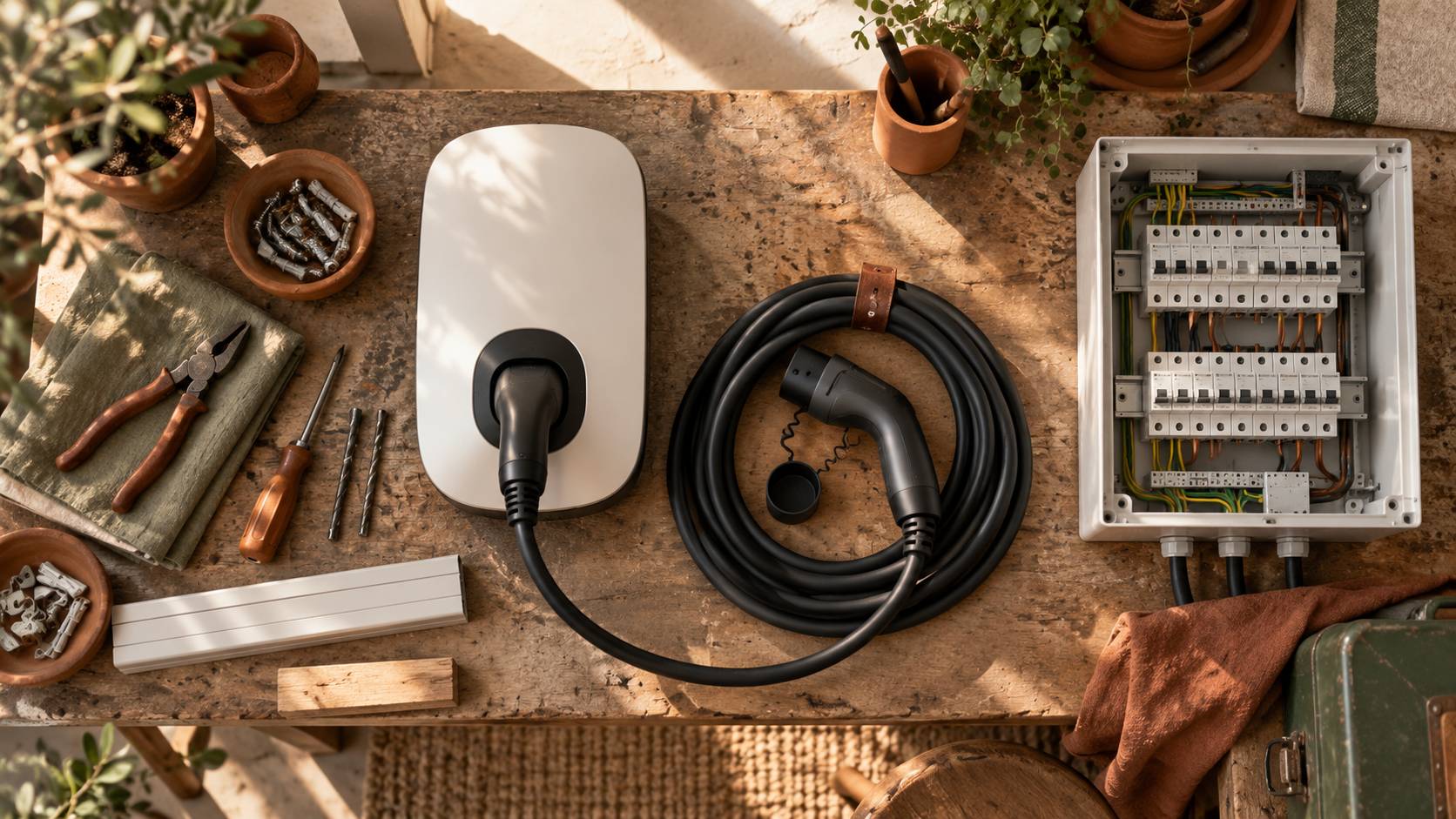 Borne de recharge et cable sur un etabli d'atelier avec outils