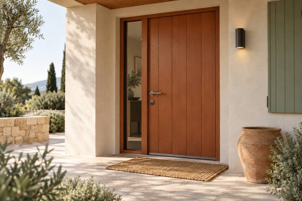 Porte d'entrée en bois avec serrure et cylindre de sécurité, lumière douce