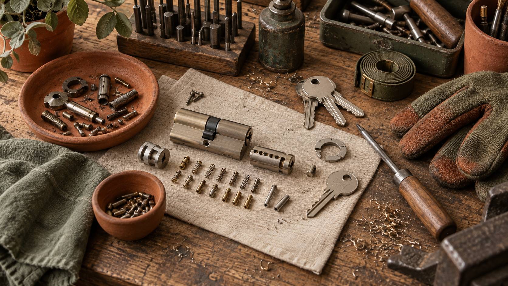 Cylindre de serrure et outils de serrurier sur un établi d'atelier